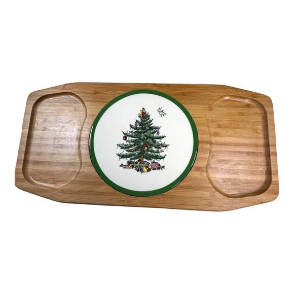 Spode Christmas Tree Cheese board Bamboo Ceramic Tray Platter Serving Rectangle - Picture 2 of 8